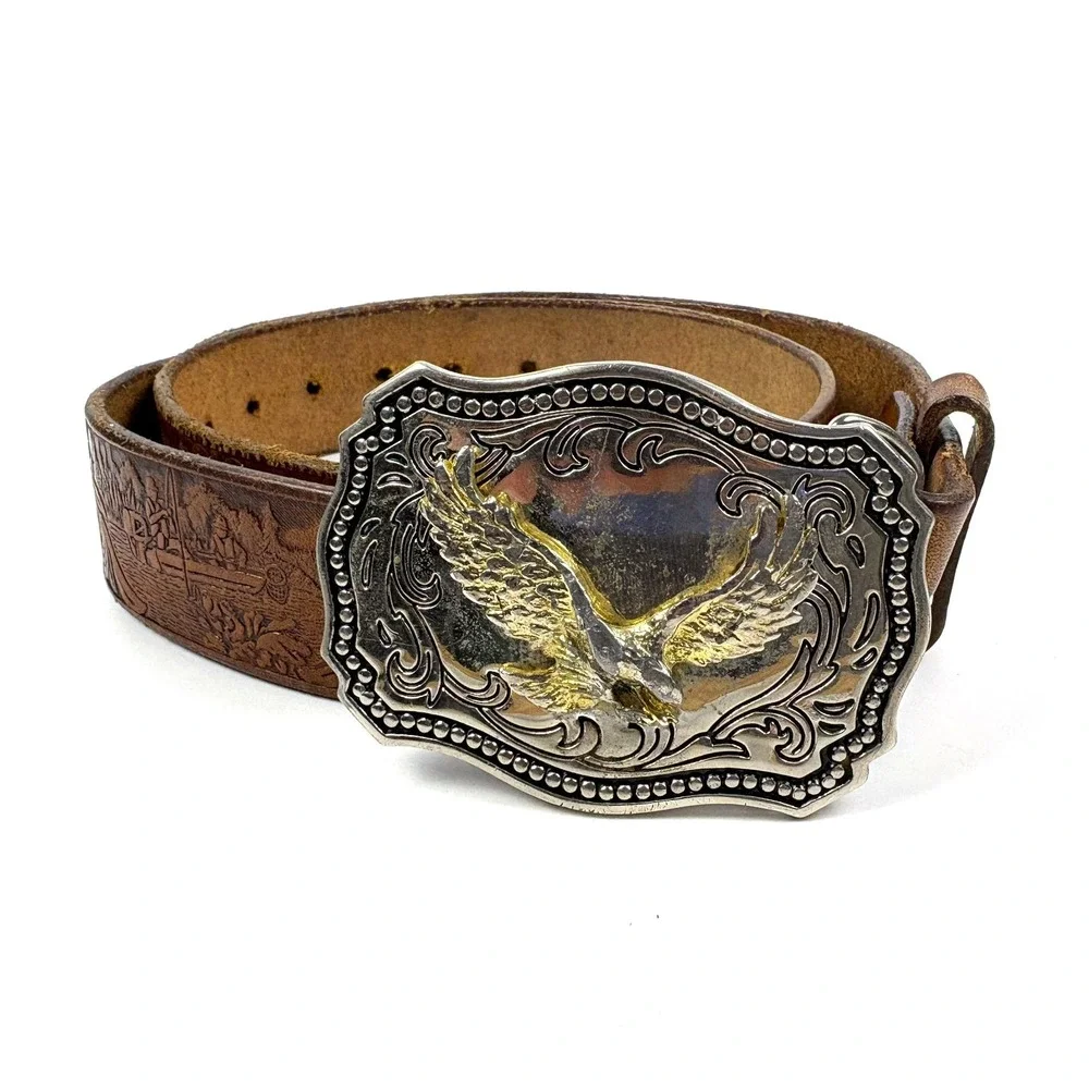 VTG 70s Western Tooled Leather Belt Sz 30 Bass Fishing Scene Boat Buckle Silver